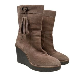 Aquatalia Size 8 Viola Weatherproof Suede Wedge Tassel Pull On Boots in Taupe